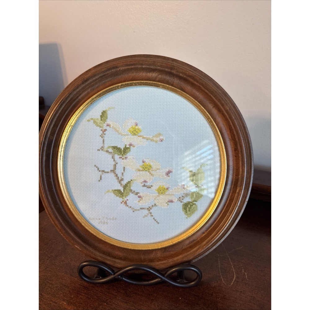 1986 - 10.75" Floral Needlepoint-w/Round Italian Frame, Blue Floral, Glass